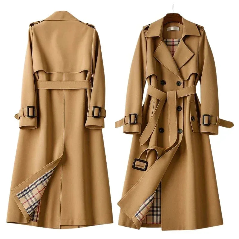 Women's Belted Trench Coat with Double-Breasted Notched Lapel in Cotton Twill - Front Back Pair