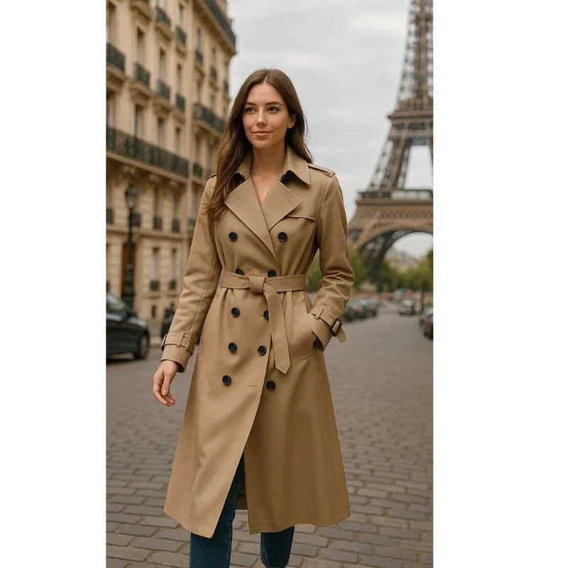 Women's Belted Trench Coat with Double-Breasted Notched Lapel in Cotton Twill - Outdoor Lifestyle