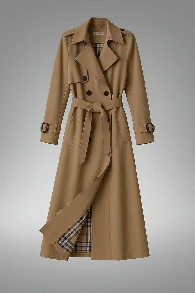 Beige Women's Belted Trench Coat with Double-Breasted Notched Lapel in Cotton Twill