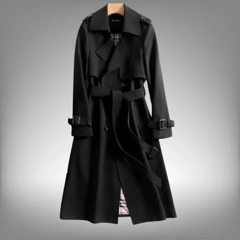 Black Women's Belted Trench Coat with Double-Breasted Notched Lapel in Cotton Twill