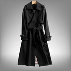 Black Women's Belted Trench Coat with Double-Breasted Notched Lapel in Cotton Twill
