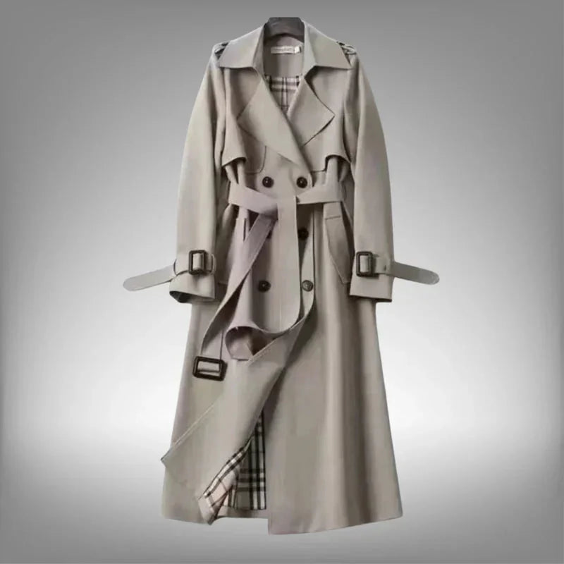 Grey Women's Belted Trench Coat with Double-Breasted Notched Lapel in Cotton Twill