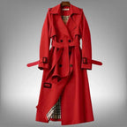 Red Women's Belted Trench Coat with Double-Breasted Notched Lapel in Cotton Twill