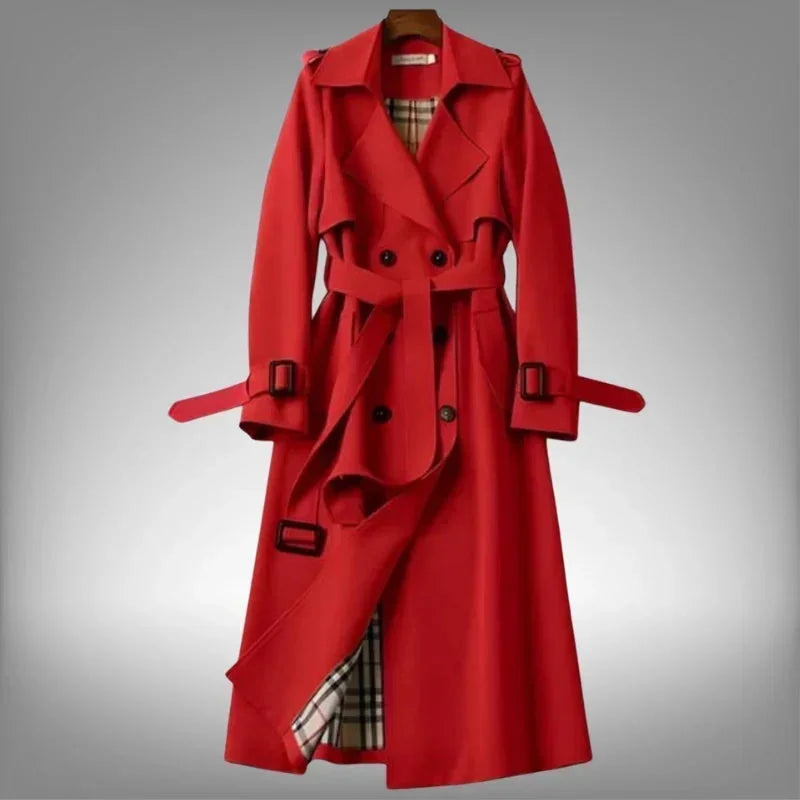 Red Women's Belted Trench Coat with Double-Breasted Notched Lapel in Cotton Twill