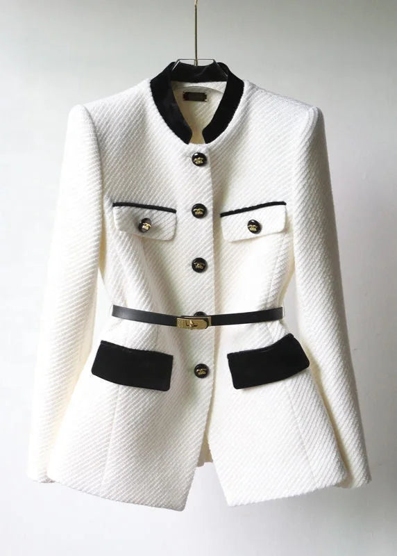 White Women's White Tweed Blazer — Alice Lightweight Belted Tailored - Front Full