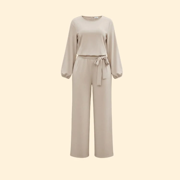 Apricot Women's Belted Wide-Leg Jumpsuit — Evelyn Tailored Tie-Waist Long Sleeve - Flat Lay Front