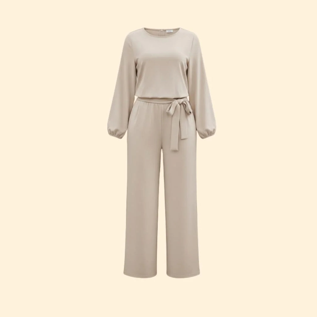 Apricot Women's Belted Wide-Leg Jumpsuit — Evelyn Tailored Tie-Waist Long Sleeve - Flat Lay Front