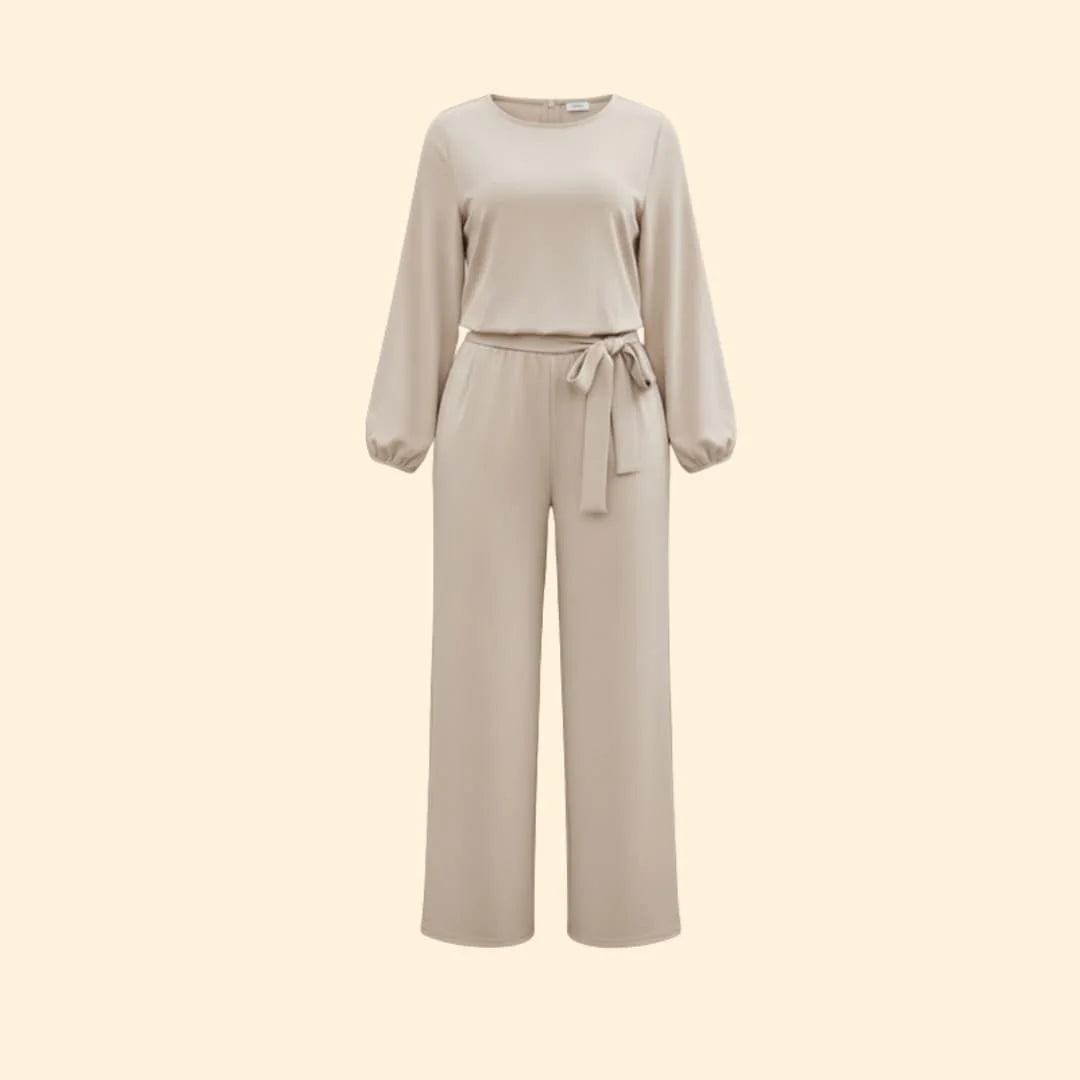 Apricot Women's Belted Wide-Leg Jumpsuit — Evelyn Tailored Tie-Waist Long Sleeve - Flat Lay Front