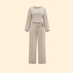 Apricot Women's Belted Wide-Leg Jumpsuit — Evelyn Tailored Tie-Waist Long Sleeve - Flat Lay Front