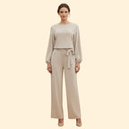 Apricot Women's Belted Wide-Leg Jumpsuit — Evelyn Tailored Tie-Waist Long Sleeve - Front Full