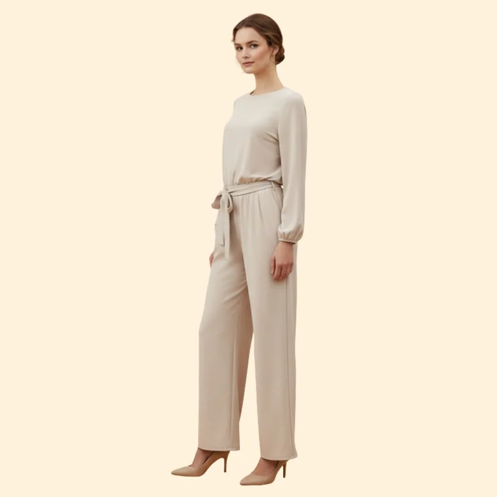 Apricot Women's Belted Wide-Leg Jumpsuit — Evelyn Tailored Tie-Waist Long Sleeve - Side Pose