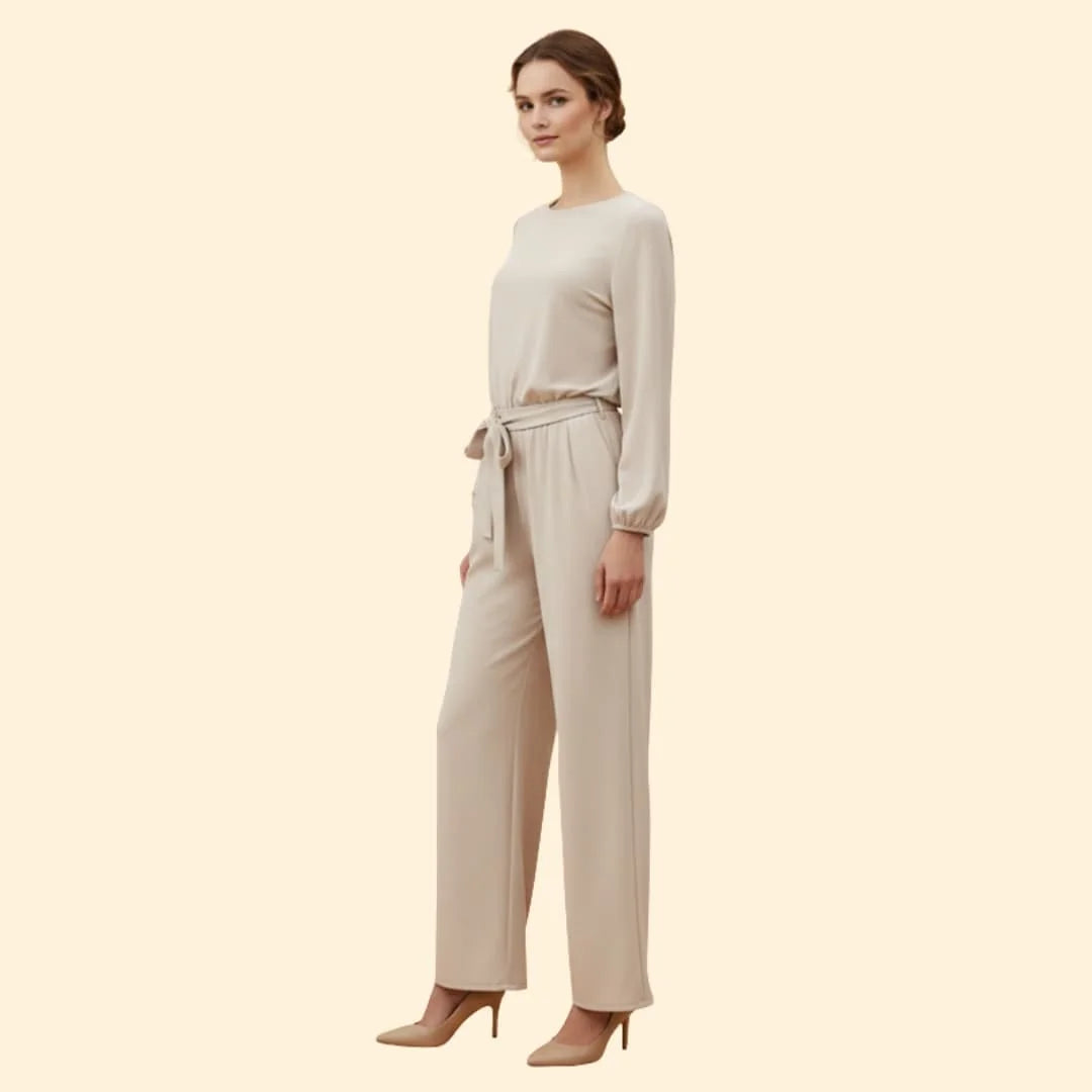 Apricot Women's Belted Wide-Leg Jumpsuit — Evelyn Tailored Tie-Waist Long Sleeve - Side Pose