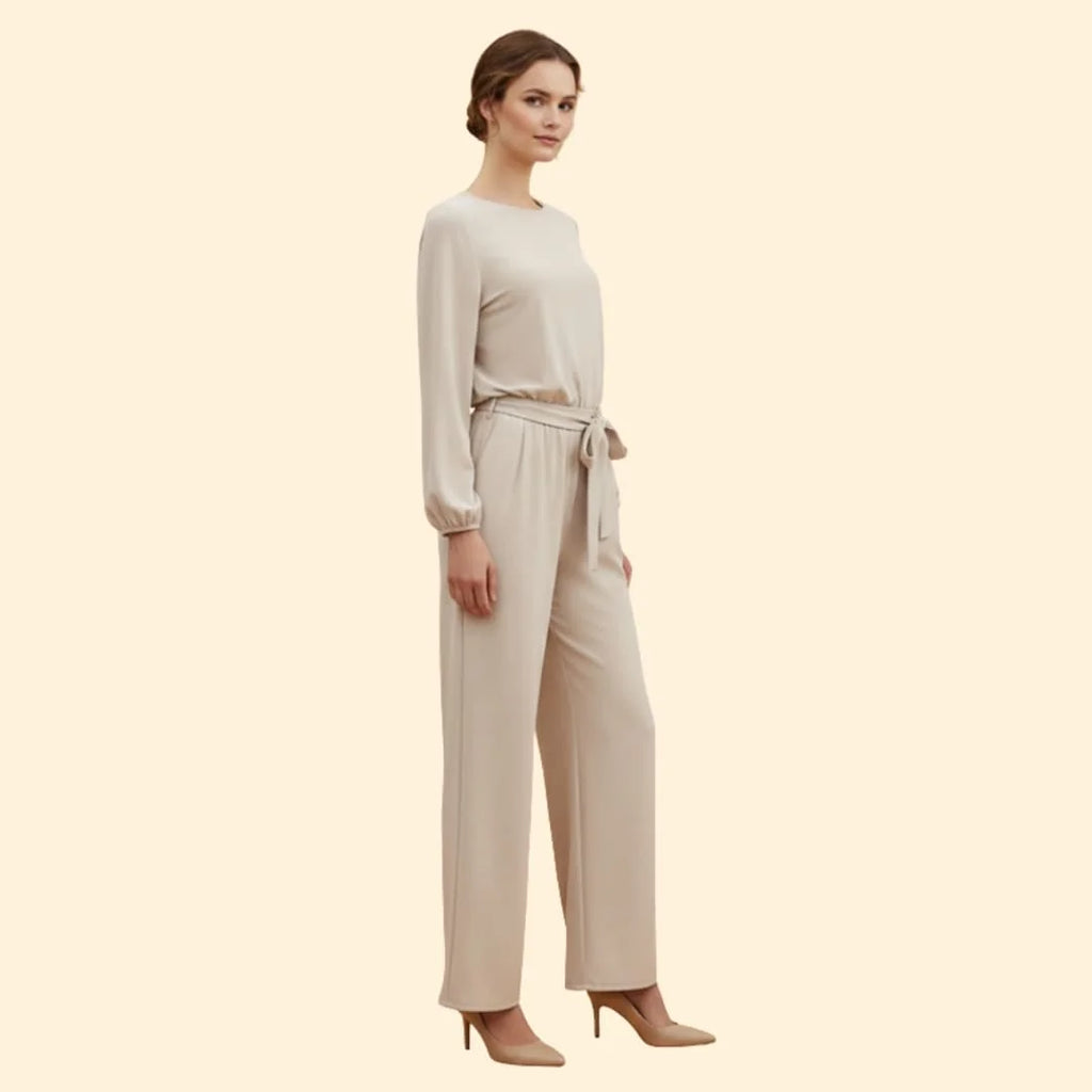 Apricot Women's Belted Wide-Leg Jumpsuit — Evelyn Tailored Tie-Waist Long Sleeve - Three Quarter Pose
