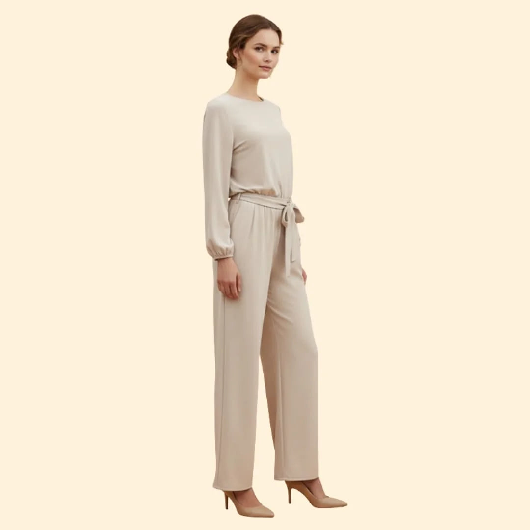 Apricot Women's Belted Wide-Leg Jumpsuit — Evelyn Tailored Tie-Waist Long Sleeve - Three Quarter Pose