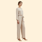 Apricot Women's Belted Wide-Leg Jumpsuit — Evelyn Tailored Tie-Waist Long Sleeve - Three Quarter Pose