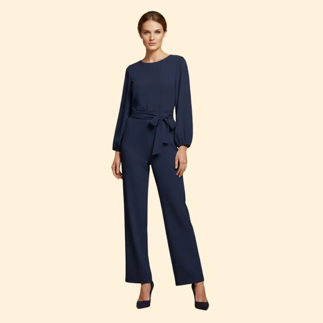 Blue Women's Belted Wide-Leg Jumpsuit — Evelyn Tailored Tie-Waist Long Sleeve - Front Pose