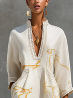 Cream Women's Printed V-Neck Mini Dress — Nicole Bohemian Crochet-Trim Vacation - Close Up Neckline