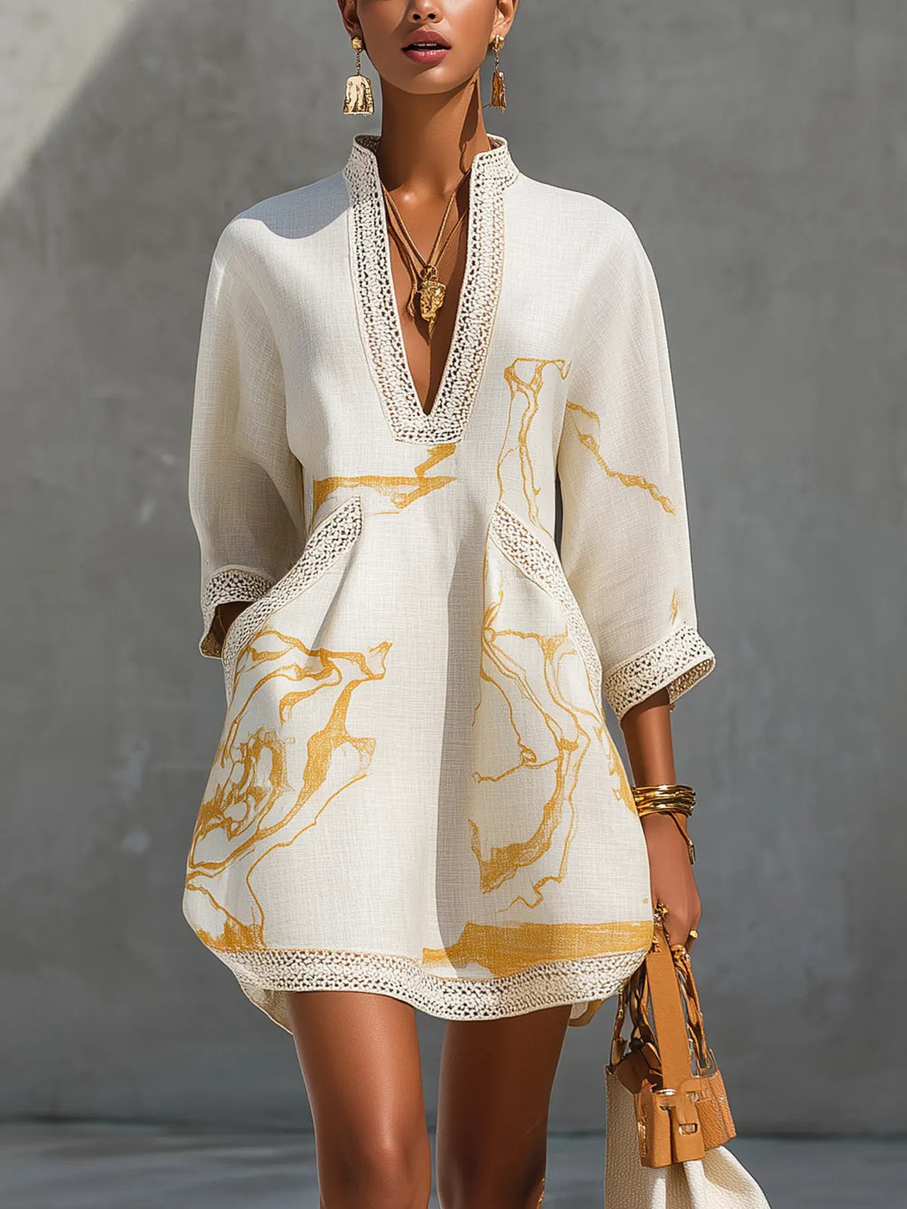 Cream Women's Printed V-Neck Mini Dress — Nicole Bohemian Crochet-Trim Vacation - Front Full