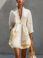 Cream Women's Printed V-Neck Mini Dress — Nicole Bohemian Crochet-Trim Vacation - Front Full