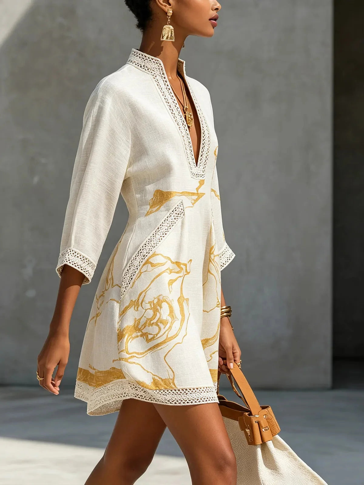 Cream Women's Printed V-Neck Mini Dress — Nicole Bohemian Crochet-Trim Vacation - Side Walking