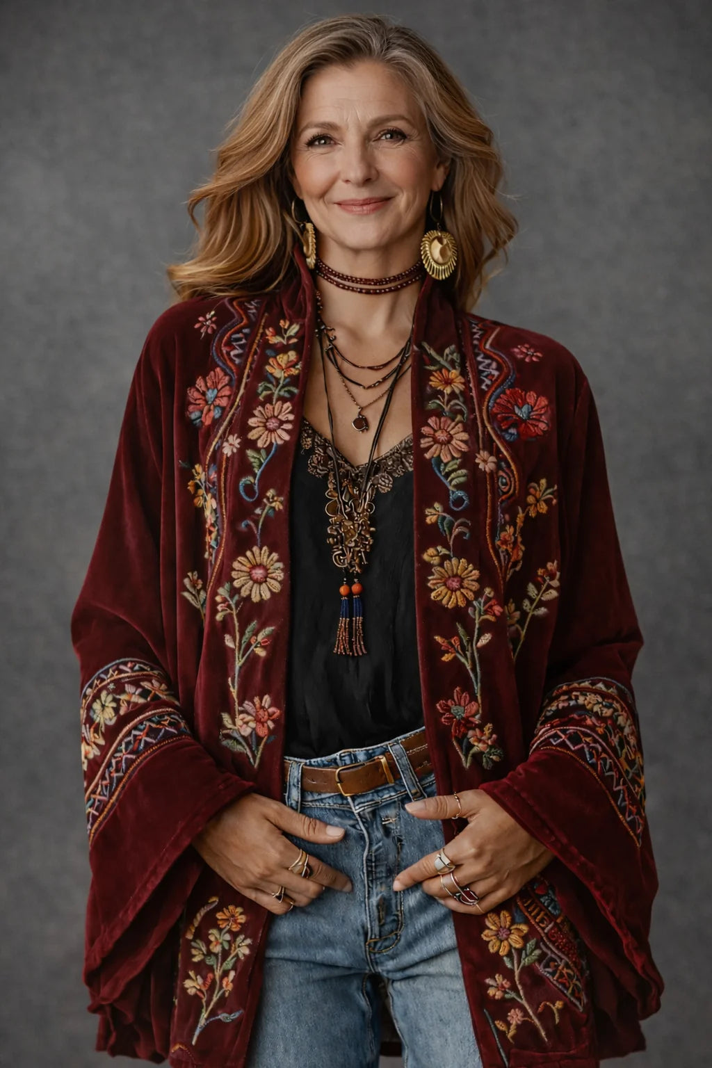 Burgundy Women's Velvet-Touch Bohemian Cardigan — Laurel Open-Front Bell Sleeve Boho - Front Portrait