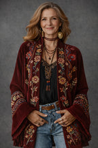 Burgundy Women's Velvet-Touch Bohemian Cardigan - Front Portrait