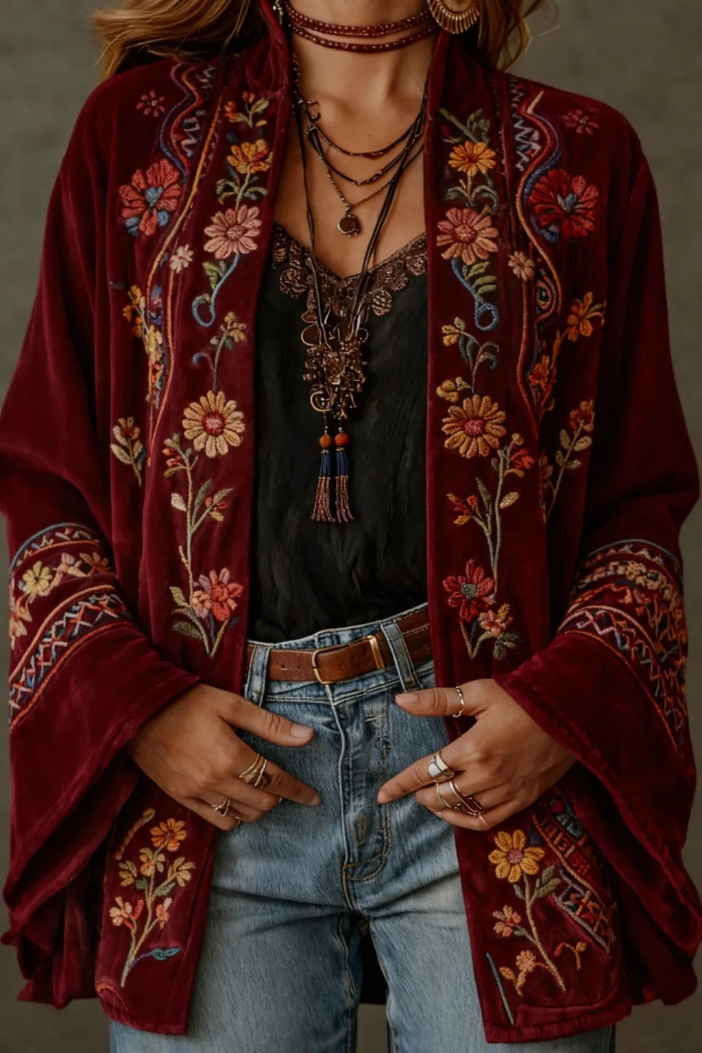 Burgundy Women's Velvet-Touch Bohemian Cardigan — Laurel Open-Front Bell Sleeve Boho - Sleeve Detail
