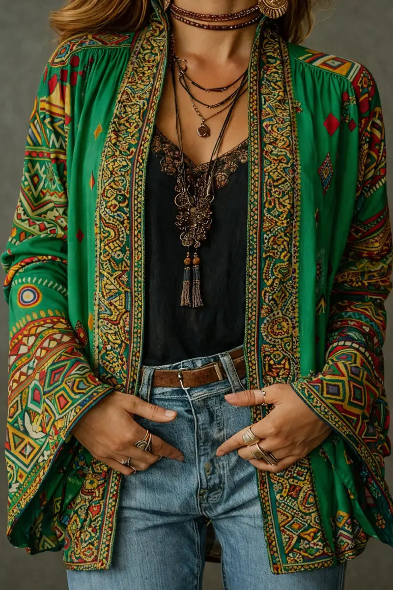 Forest Green Women's Velvet-Touch Bohemian Cardigan — Laurel Open-Front Bell Sleeve Boho - Chest Detail