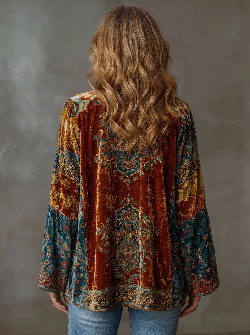 Multicolor Women's Velvet-Touch Bohemian Cardigan — Laurel Open-Front Bell Sleeve Boho - Back Full