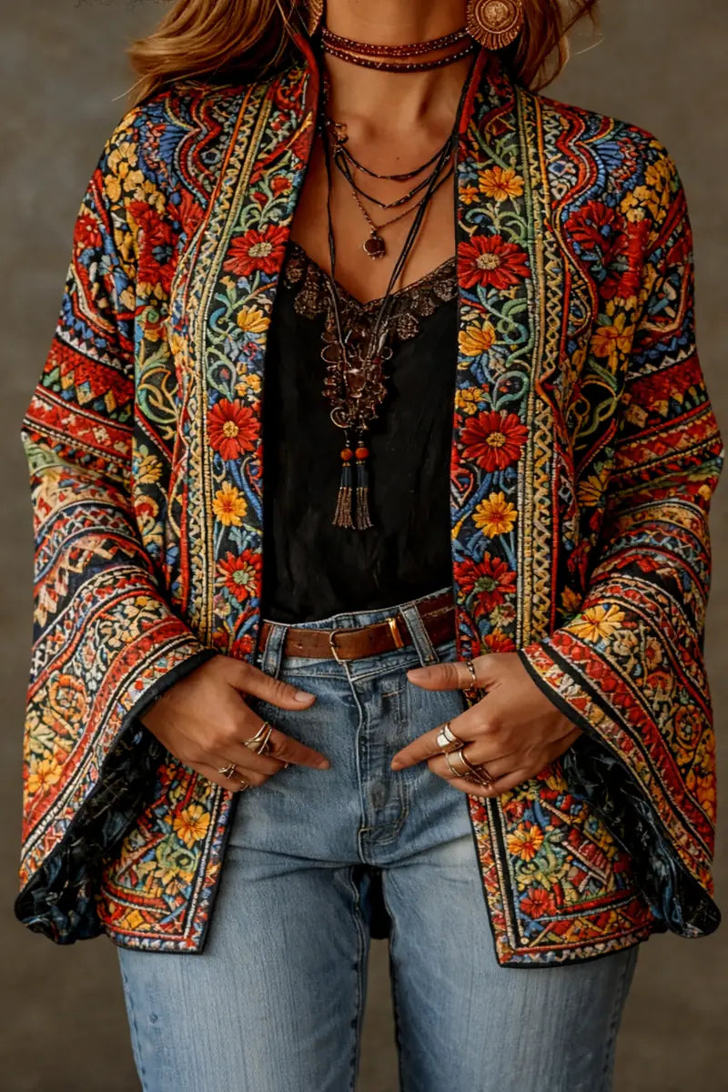 Multicolor Women's Velvet-Touch Bohemian Cardigan — Laurel Open-Front Bell Sleeve Boho - Close Up Chest
