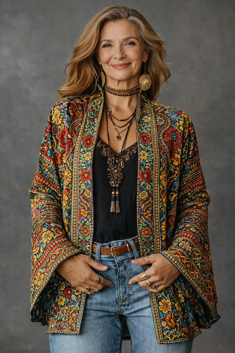 Multicolor Women's Velvet-Touch Bohemian Cardigan — Laurel Open-Front Bell Sleeve Boho - Front Closeup