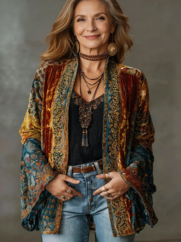 Multicolor Women's Velvet-Touch Bohemian Cardigan — Laurel Open-Front Bell Sleeve Boho - Front Full