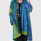 Blue Women's Boho Patchwork Kimono Cardigan — Saoirse Silk-Blend Long Sleeve - Front Full