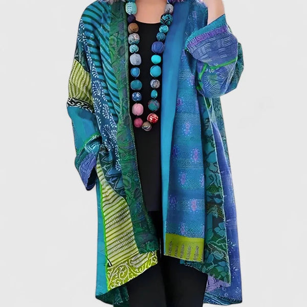 Blue Women's Boho Patchwork Kimono Cardigan — Saoirse Silk-Blend Long Sleeve - Front Full