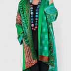 Green Women's Boho Patchwork Kimono Cardigan — Saoirse Silk-Blend Long Sleeve - Draped Front