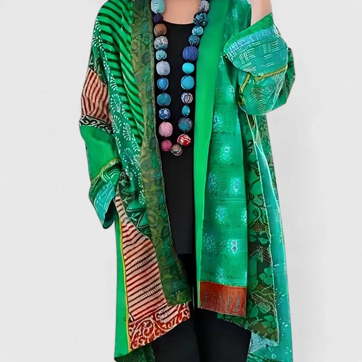 Green Women's Boho Patchwork Kimono Cardigan — Saoirse Silk-Blend Long Sleeve - Draped Front
