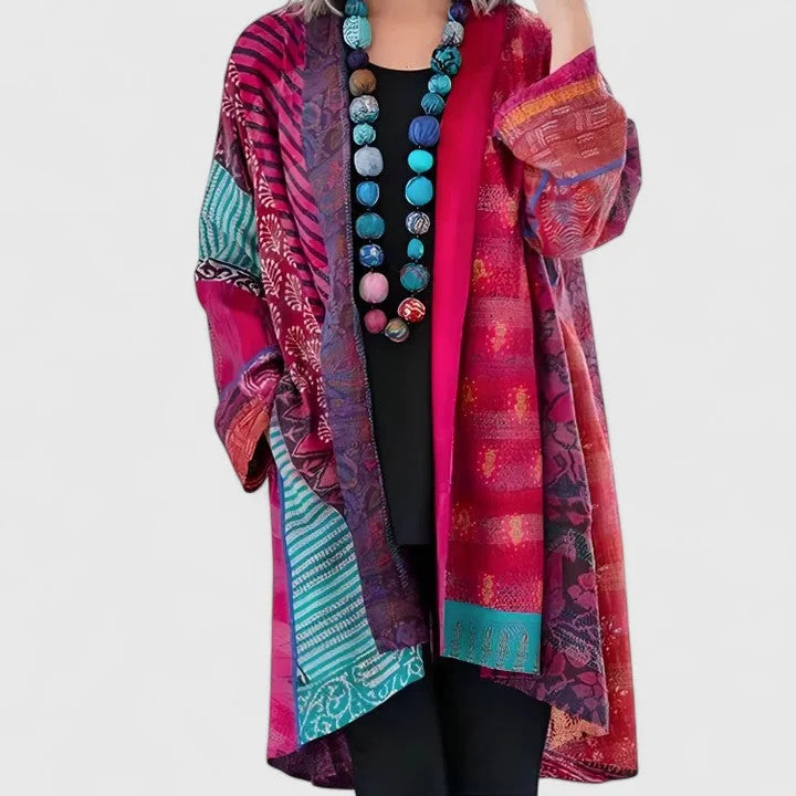 Pink Women's Boho Patchwork Kimono Cardigan — Saoirse Silk-Blend Long Sleeve - Hand Raised Pose