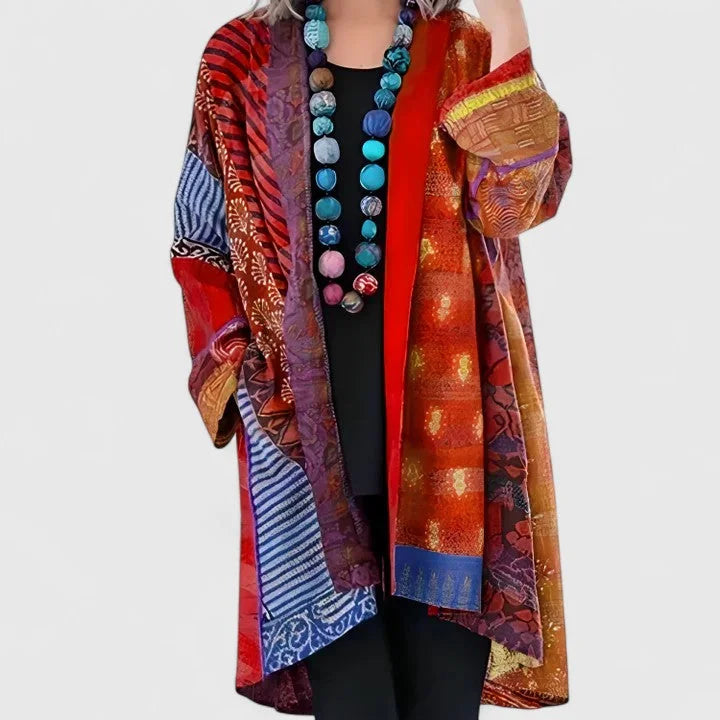 Red Women's Boho Patchwork Kimono Cardigan — Saoirse Silk-Blend Long Sleeve - Open Front Pose