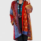 Red Women's Boho Patchwork Kimono Cardigan — Saoirse Silk-Blend Long Sleeve - Open Front Pose