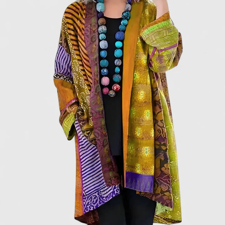 Yellow Women's Boho Patchwork Kimono Cardigan — Saoirse Silk-Blend Long Sleeve - Front Pose