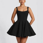 Black Women's Bow Back Cocktail Mini Dress with Oversized Satin Bow & A-Line Skirt — Lou - Front Bodice