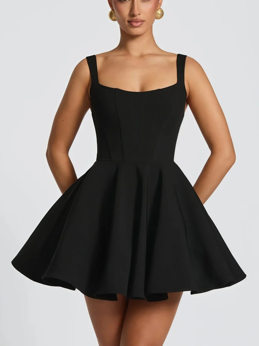 Black Women's Bow Back Cocktail Mini Dress with Oversized Satin Bow & A-Line Skirt