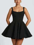 Black Women's Bow Back Cocktail Mini Dress with Oversized Satin Bow & A-Line Skirt