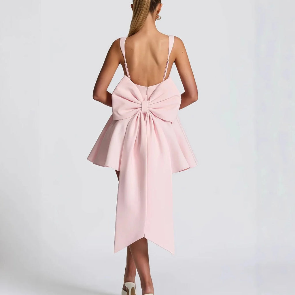 Pink Women's Bow Back Cocktail Mini Dress with Oversized Satin Bow & A-Line Skirt — Lou - Back Bow Detail