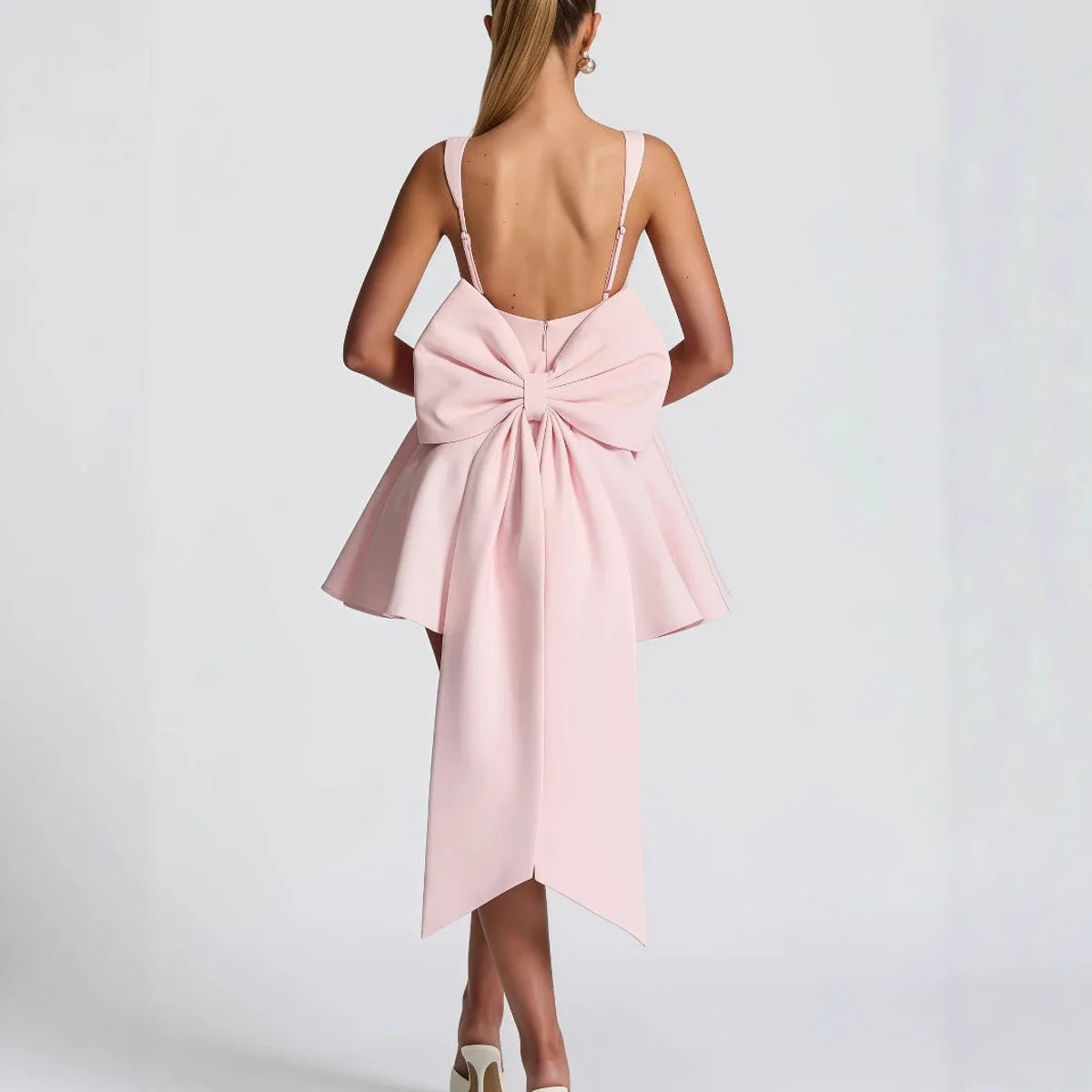 Pink Women's Bow Back Cocktail Mini Dress with Oversized Satin Bow & A-Line Skirt — Lou - Back Bow Detail