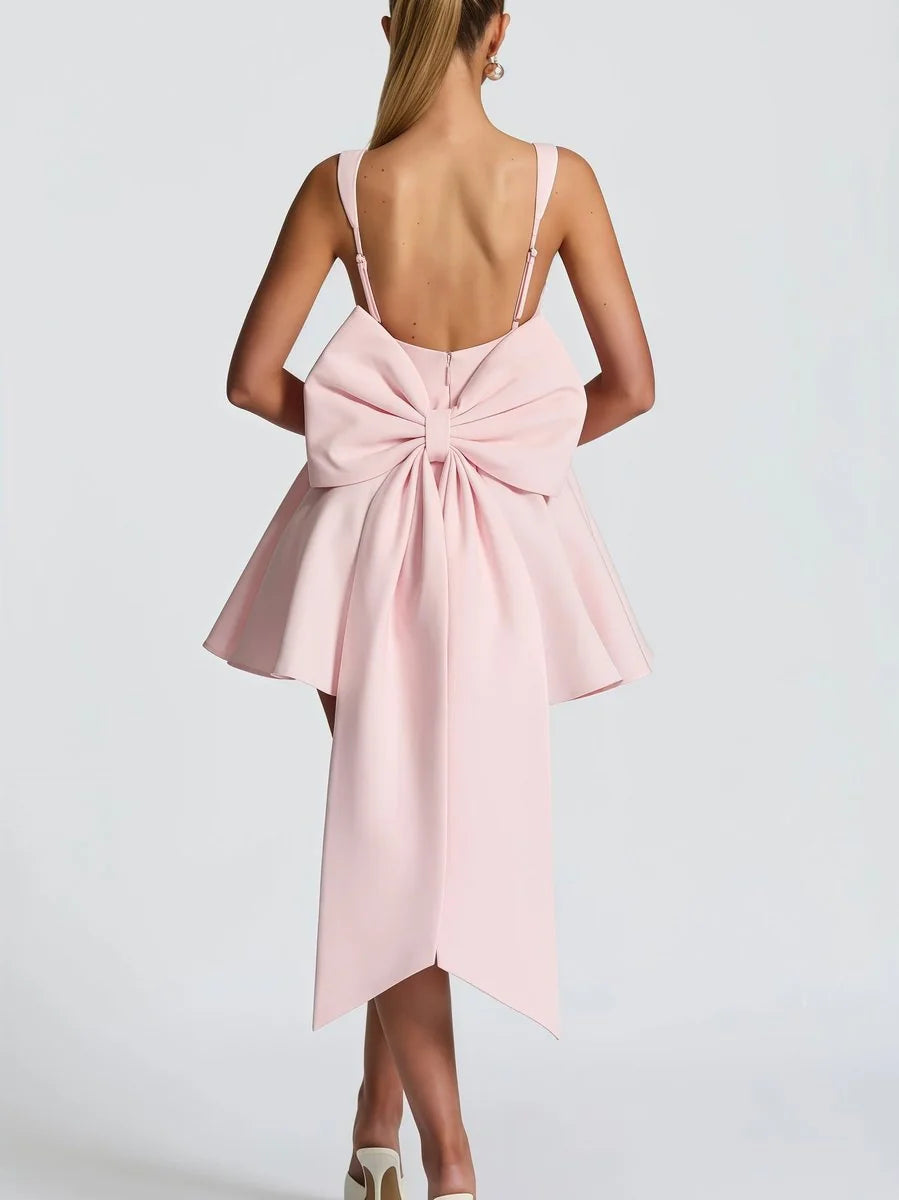 Pink Women's Bow Back Cocktail Mini Dress with Oversized Satin Bow & A-Line Skirt — Lou