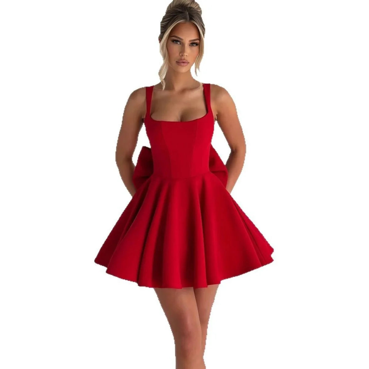 Red Women's Bow Back Cocktail Mini Dress with Oversized Satin Bow & A-Line Skirt — Lou - Studio White