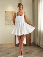 White Women's Bow Back Cocktail Mini Dress with Oversized Satin Bow & A-Line Skirt — Lou