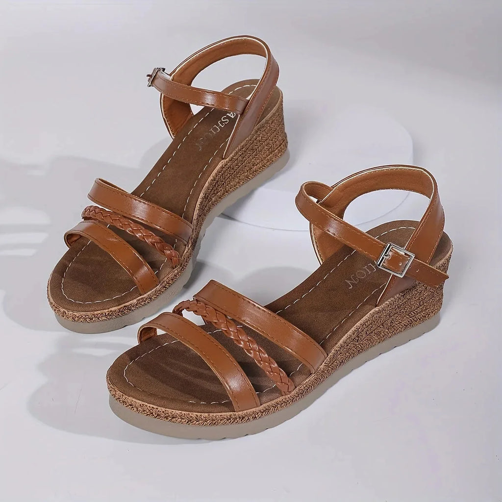 Brown Women's Braided Strap Wedge Sandals — Roisin Espadrille Platform - Studio Pair Angle