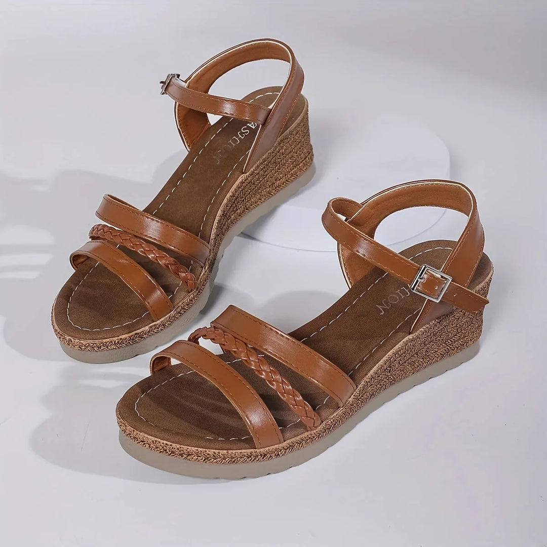 Brown Women's Braided Strap Wedge Sandals — Roisin Espadrille Platform - Studio Pair Angle
